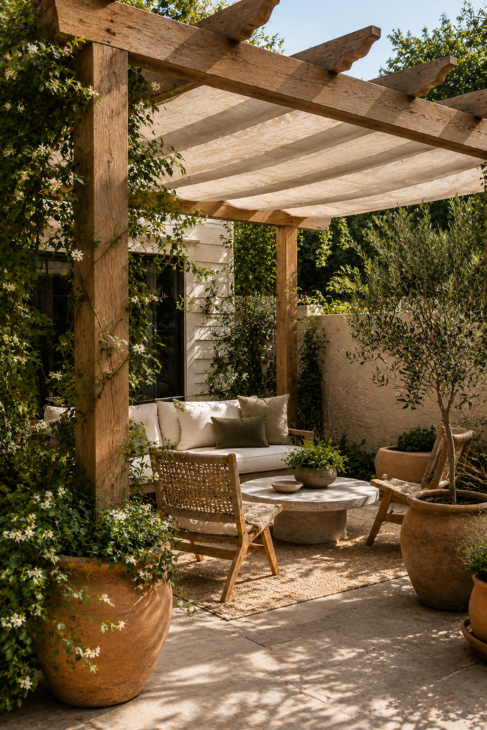 Cozy backyard seating area beneath a natural wood pergola with linen shade panels, woven chairs, greenery, and planters.