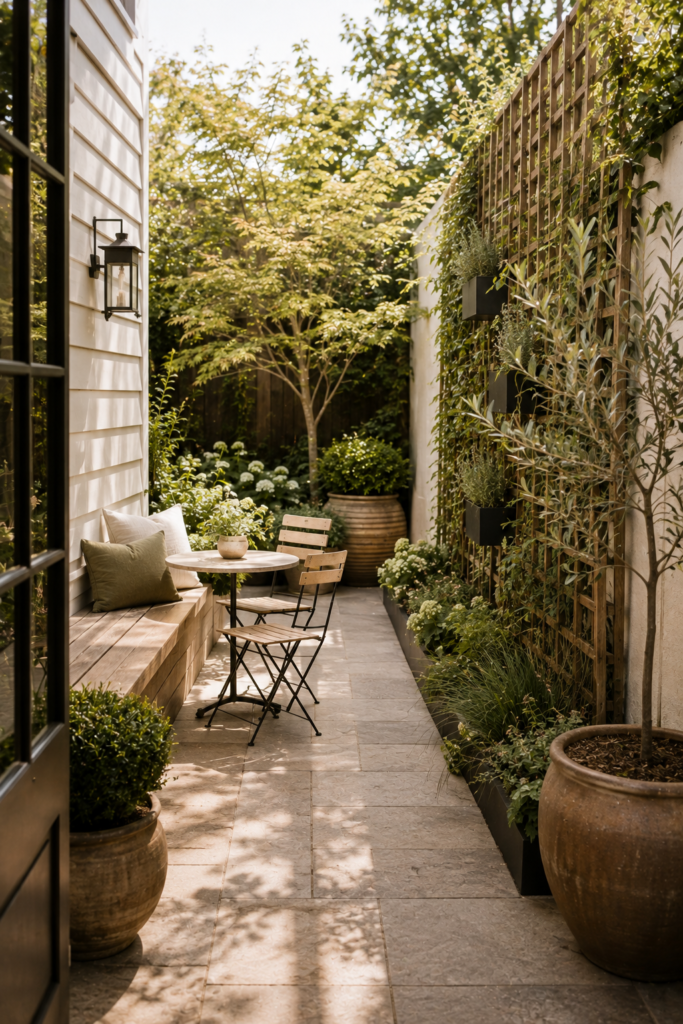 Narrow small backyard using slim furniture, vertical greenery, a wooden bench, and a long garden path to create a spacious feeling.