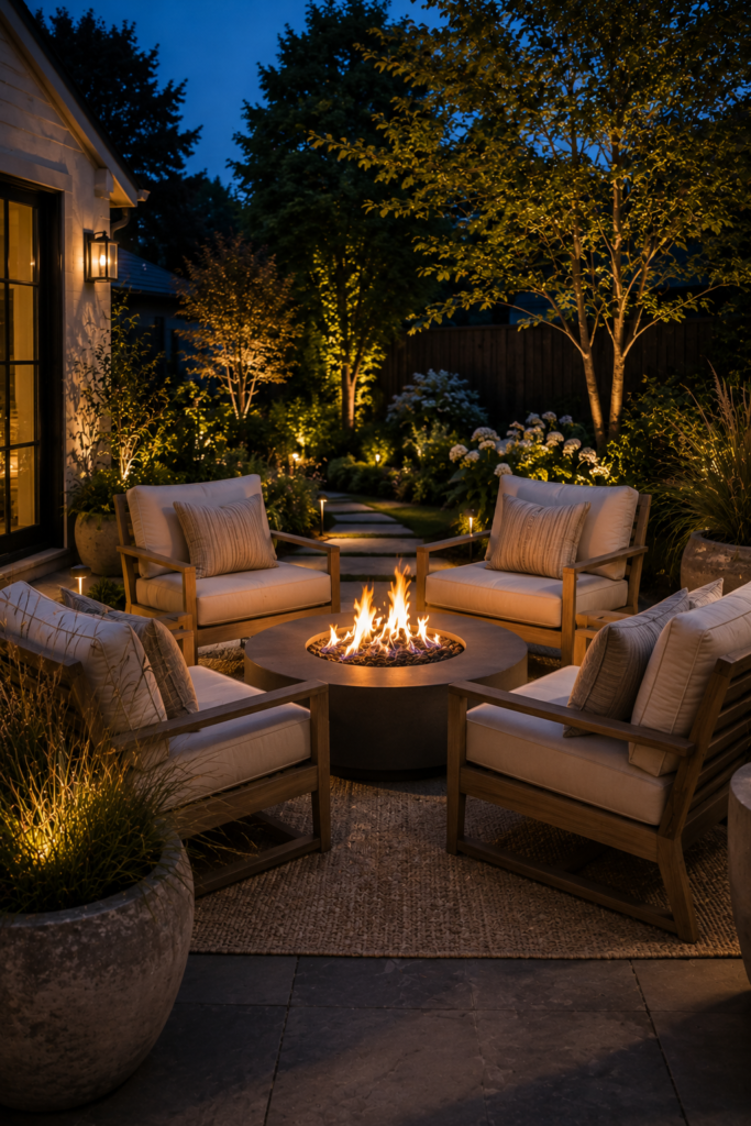 Cozy backyard seating area centered around a compact gas fire table with outdoor lounge chairs, stone planters, and evening lighting.