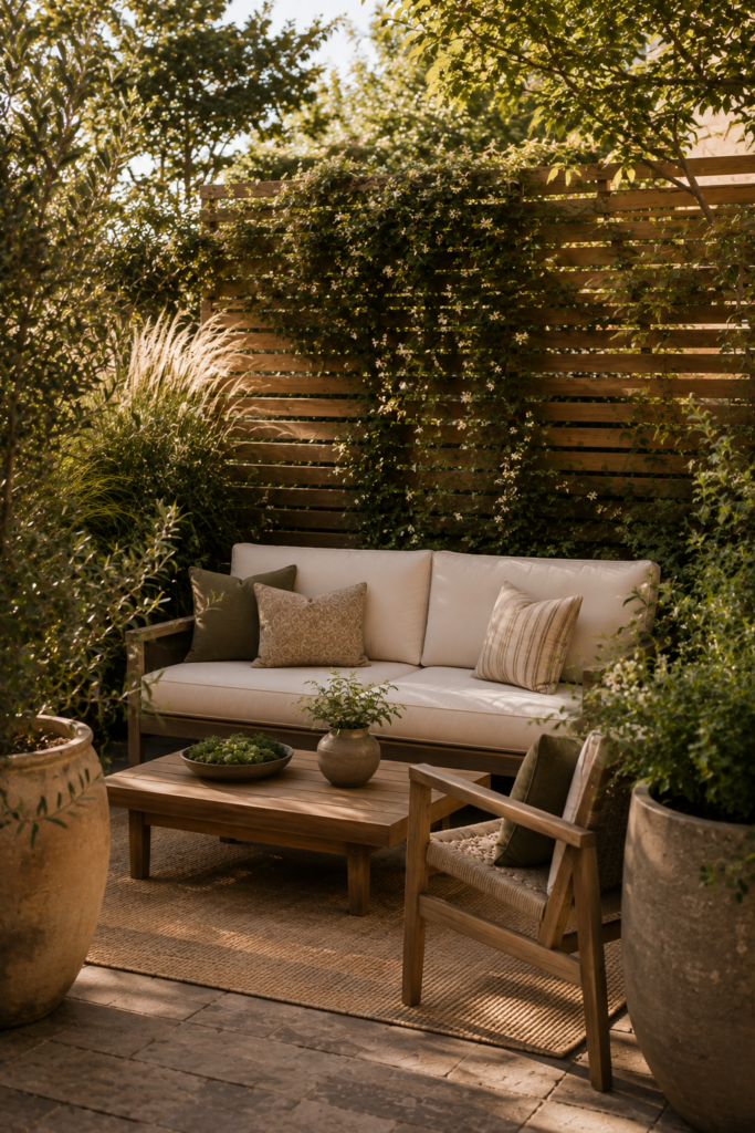 Private cozy backyard seating area using a cedar privacy screen, ornamental grasses, climbing greenery, and large planters.