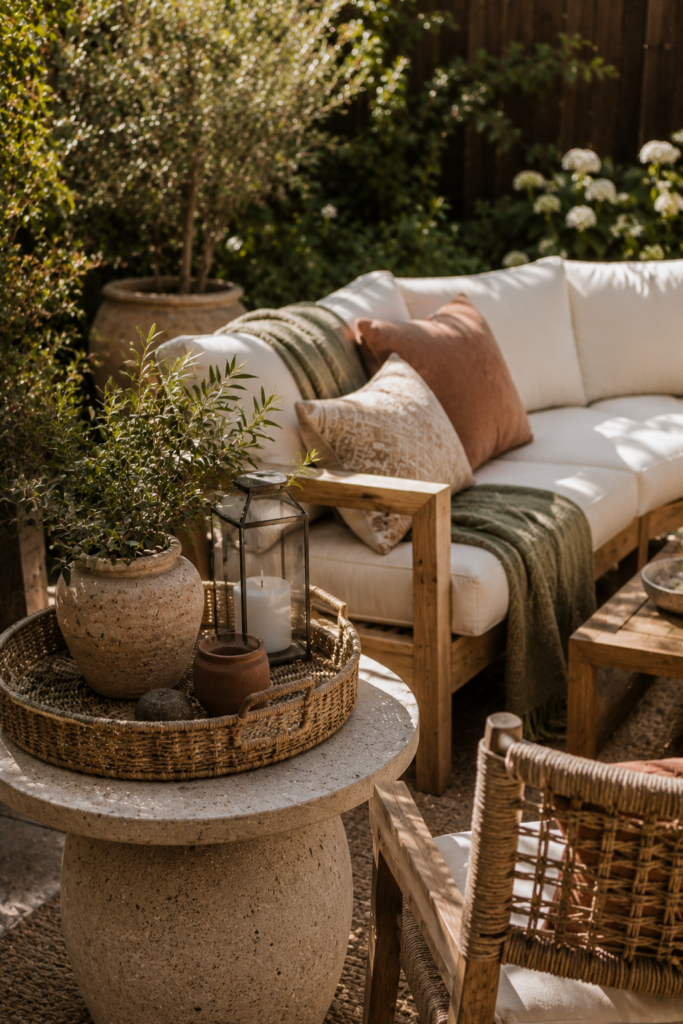 Stylish backyard patio with teak seating, ceramic planters, lanterns, outdoor textiles, and understated decorative details.
