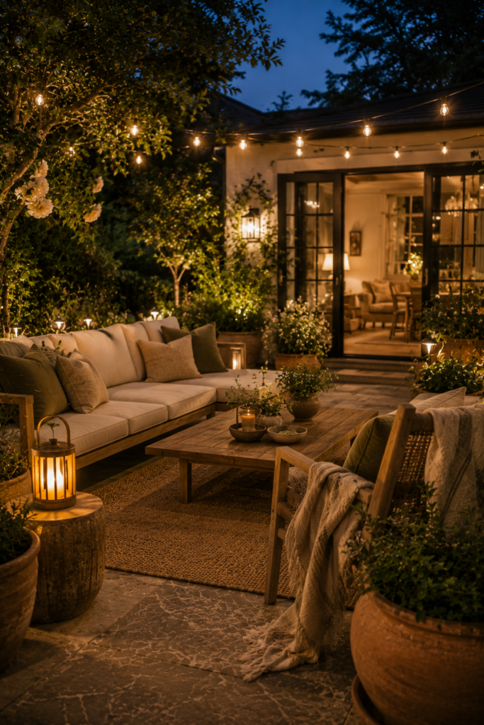 Cozy backyard at evening with layered outdoor lighting, comfortable seating, greenery, lanterns, string lights, and a warm home interior beyond.
