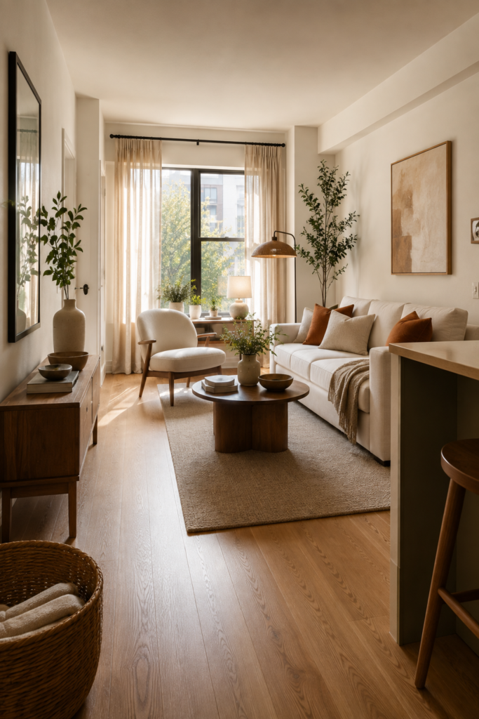 Compact apartment living room with a flexible furniture arrangement and clear walking path around a small sofa, chair, and walnut coffee table.