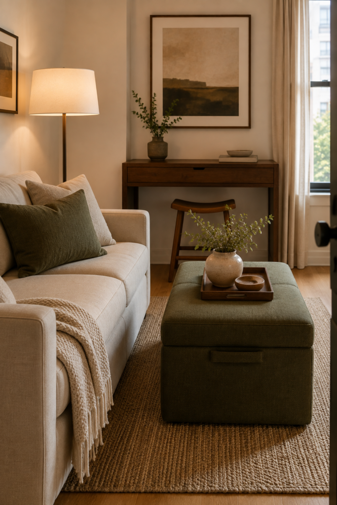 Small apartment living room using an olive storage ottoman and compact console as stylish multipurpose furniture.