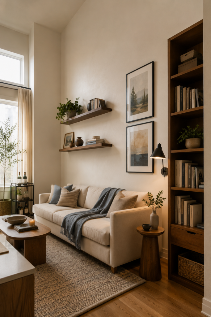 Small apartment living room using tall shelving, floating shelves, vertical artwork, and wall lighting to maximize vertical space.