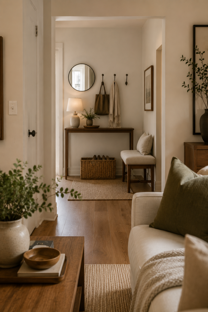 Small apartment entryway with a slim walnut console, upholstered bench, wall hooks, mirror, basket, and simple decorative accents.