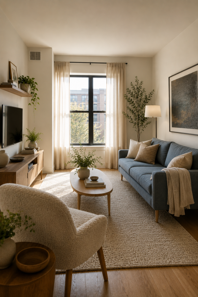 Well-proportioned small apartment living room with a dusty blue sofa, slim oak table, lightweight chair, and open floor space.
