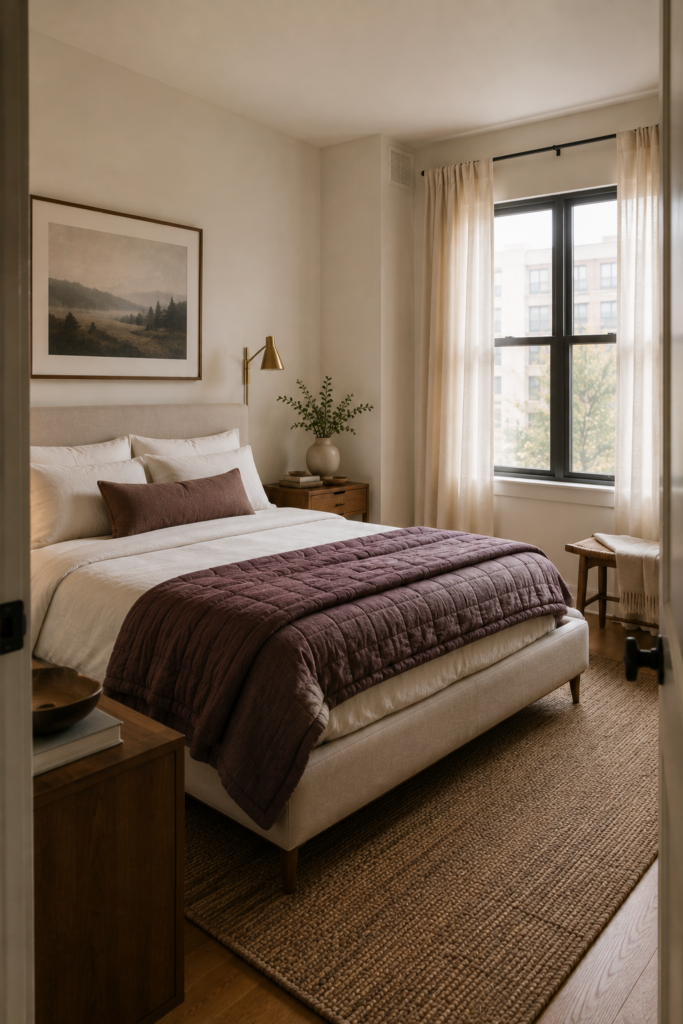 Calm small apartment bedroom with an upholstered bed, white bedding, plum quilt, walnut nightstand, and wall-mounted reading light.
