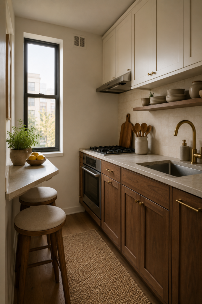 Compact American apartment kitchen with walnut cabinets, white cabinetry, stone counters, open shelving, and practical decorative storage.