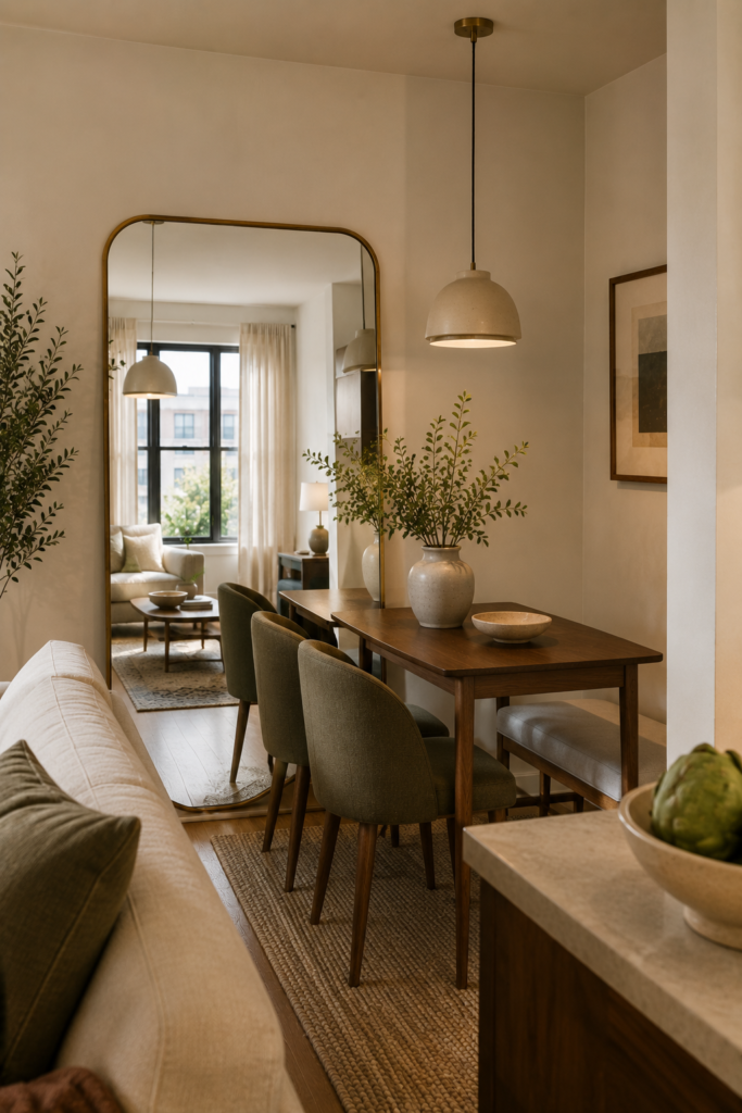Compact apartment dining area using a tall brass-framed mirror to reflect natural light and visually expand the small space.