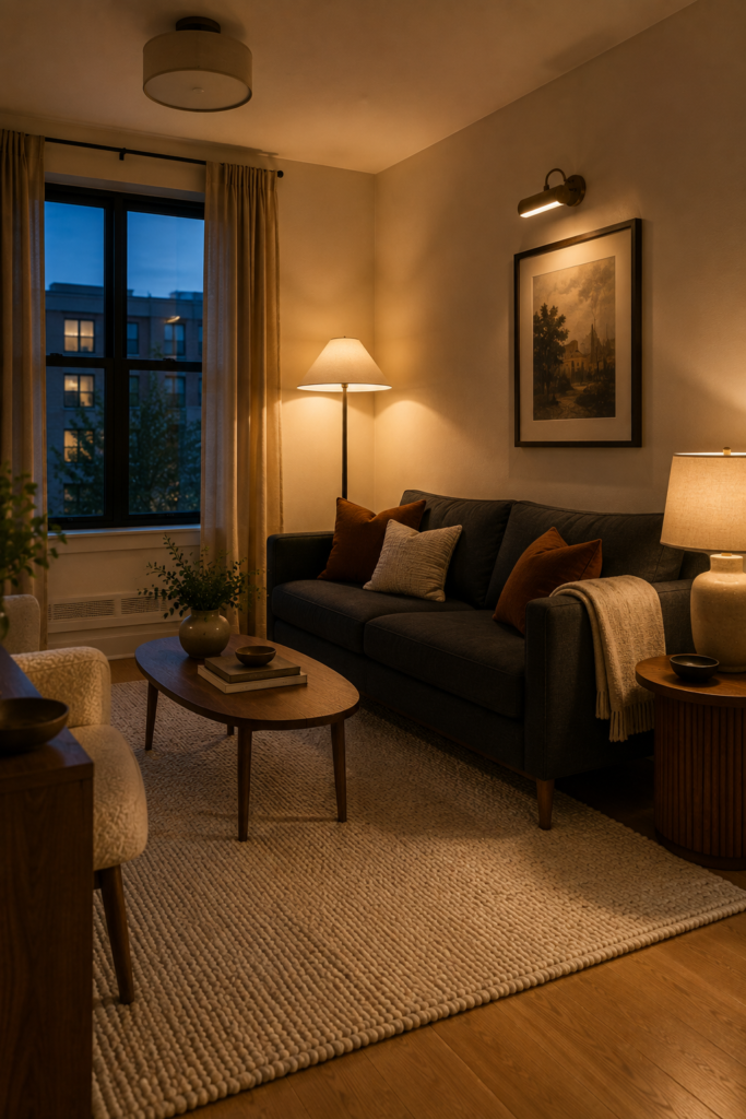 Small apartment living room with layered lighting from a floor lamp, table lamp, and wall sconce creating a warm evening atmosphere.