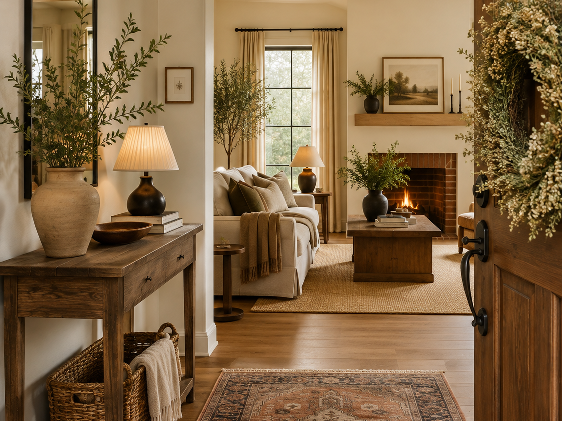 Warm inviting living room entry layout by DECORIV featuring organic textures, wooden furniture, and comforting fireplace styling.