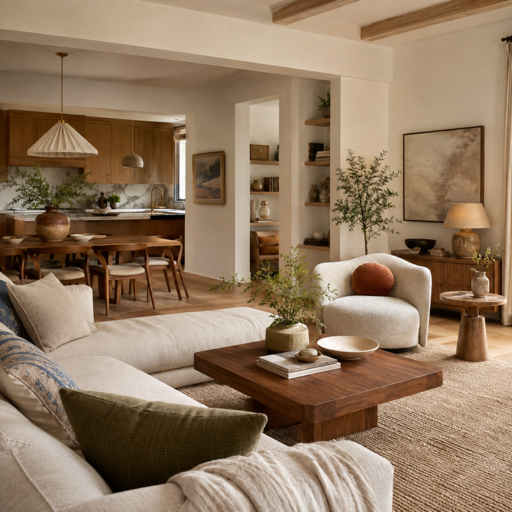Sophisticated open-plan American interior representing room decor, with a warm ivory sofa, walnut furniture, textured rug, elegant wall art, and a stylish natural wood kitchen in the background.