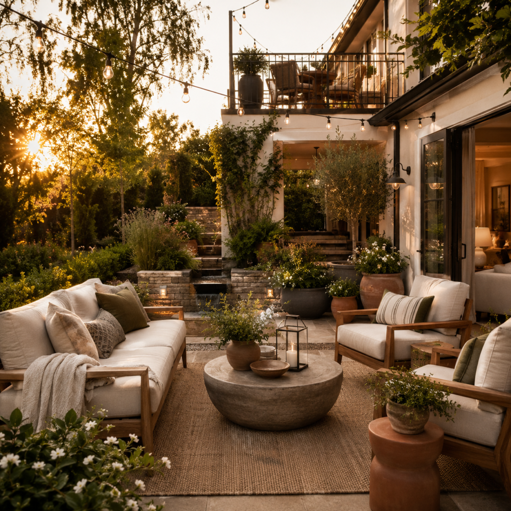 Sophisticated American outdoor living space with comfortable patio seating, natural teak furniture, an outdoor rug, ceramic planters, lush greenery, and warm ambient lighting.