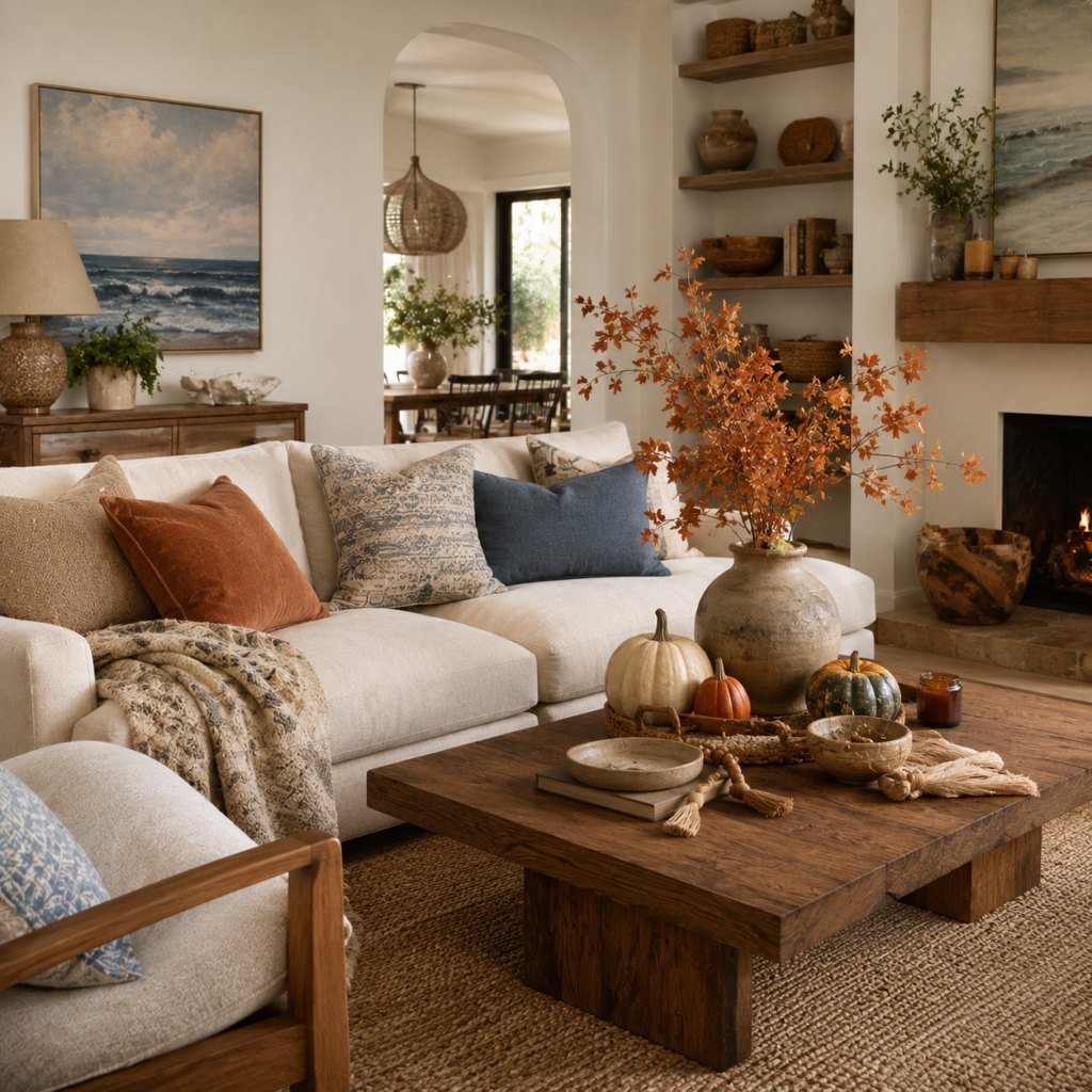 Sophisticated American living room blending coastal accents, warm fall decor, natural wood furniture, textured textiles, autumn branches, and handmade decorative details.