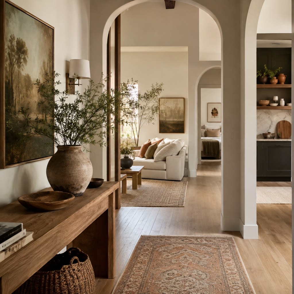 Stylish American home interior showing a decorated entryway opening into beautifully designed living spaces with natural wood, soft furnishings, wall art, and layered decor.