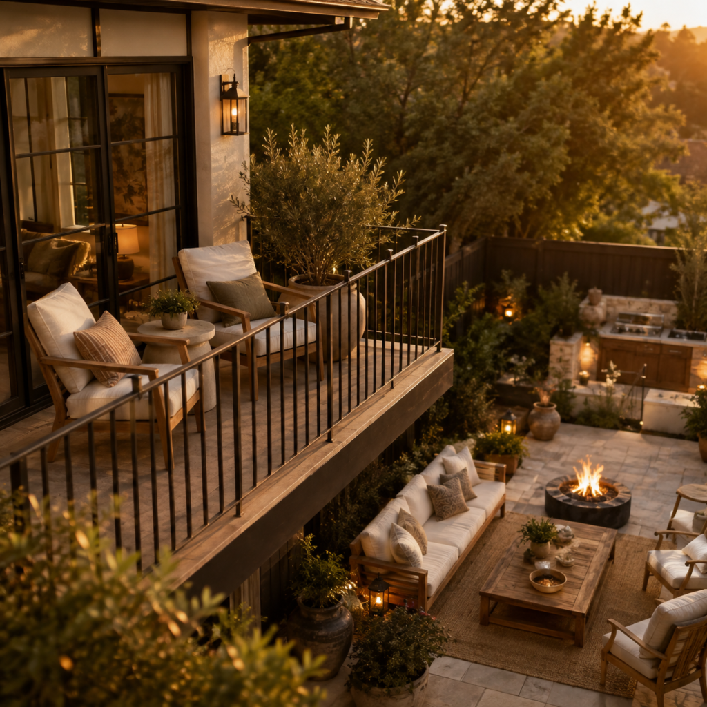 Stylish American home with a cozy furnished balcony overlooking a landscaped backyard patio with comfortable seating, natural wood furniture, and layered greenery.