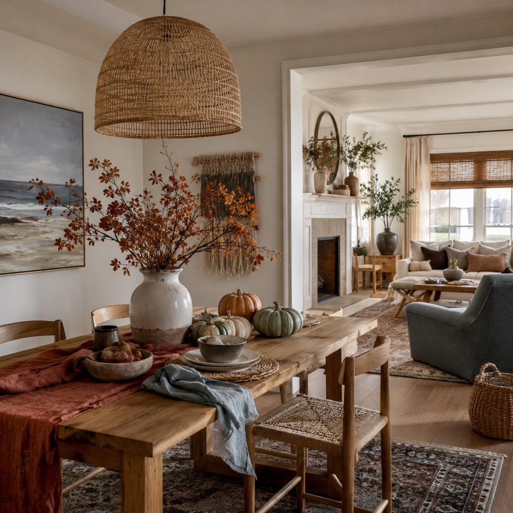 Sophisticated American dining and living space blending subtle coastal colors, warm seasonal decor, handmade pottery, natural wood, and layered autumn textures.