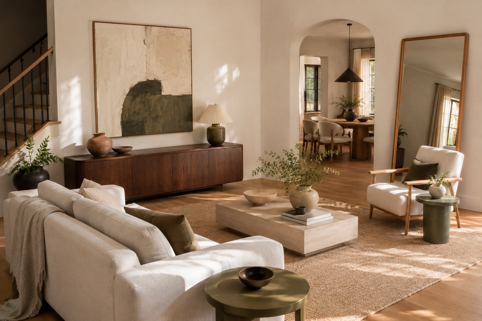 Stylish living room featuring handmade wall art, a custom-framed mirror, and a painted side table as simple DIY home decor projects.