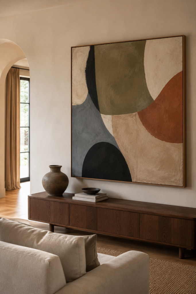 Oversized handmade abstract wall art in muted olive, terracotta, blue, and cream above a walnut console.