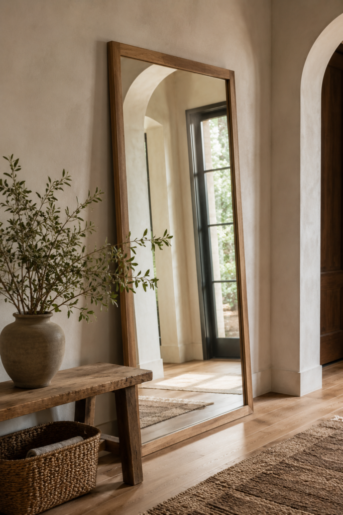 DIY custom-framed oak mirror styled in a sophisticated entryway with a wooden bench and woven basket.