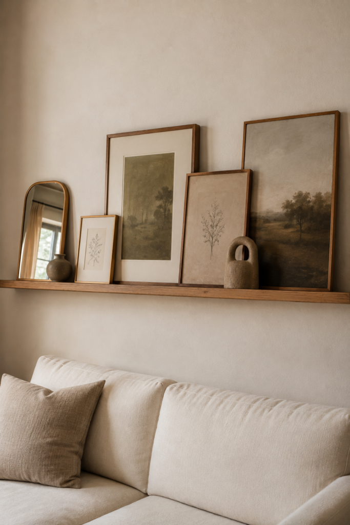DIY oak picture ledge with layered framed artwork, a small mirror, and sculptural ceramic decor.