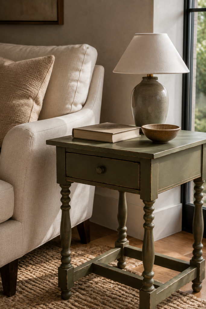 Vintage side table updated with muted olive paint beside a cream linen chair in a cozy reading corner.