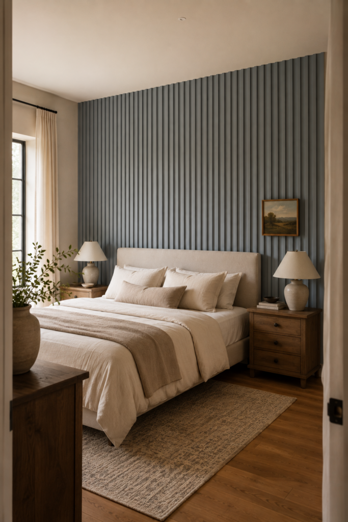 DIY fluted accent wall in muted dusty blue behind a bed with natural oak furniture and cream bedding.