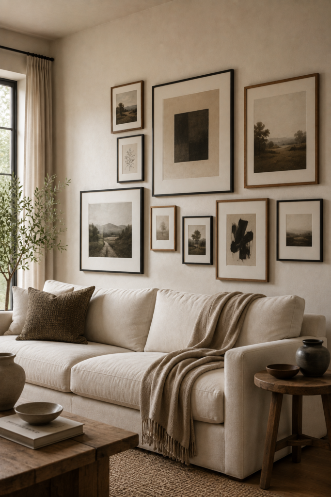 Custom gallery wall with mixed artwork, photography, and vintage-inspired prints in walnut and black frames.