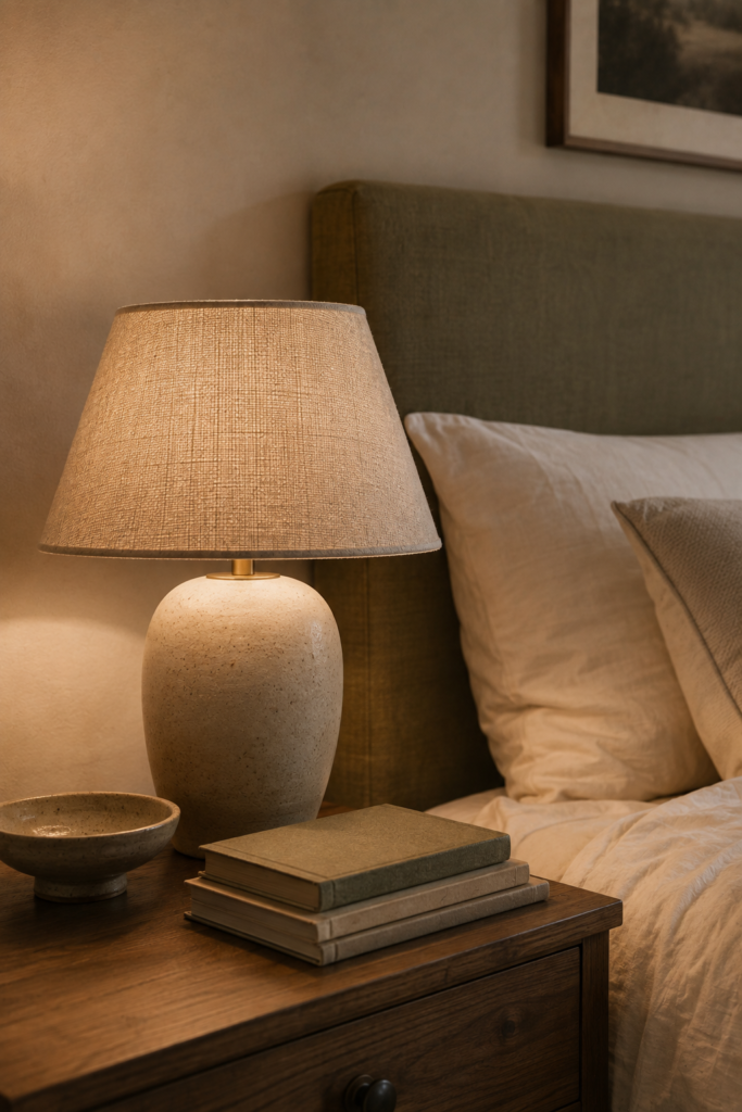 DIY linen-covered lampshade on a walnut bedside table with books, ceramics, and softly layered bedding.