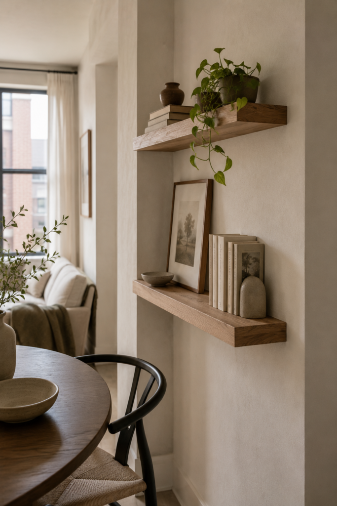 DIY natural oak floating shelves styled with books, framed art, ceramics, and a small plant in a compact apartment.
