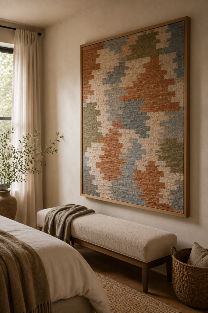 DIY framed textile wall hanging with muted terracotta, blue, olive, and cream tones in a sophisticated bedroom.