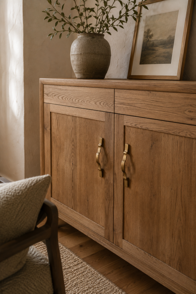 Natural oak storage cabinet upgraded with sculptural aged brass handles for a simple DIY furniture refresh.