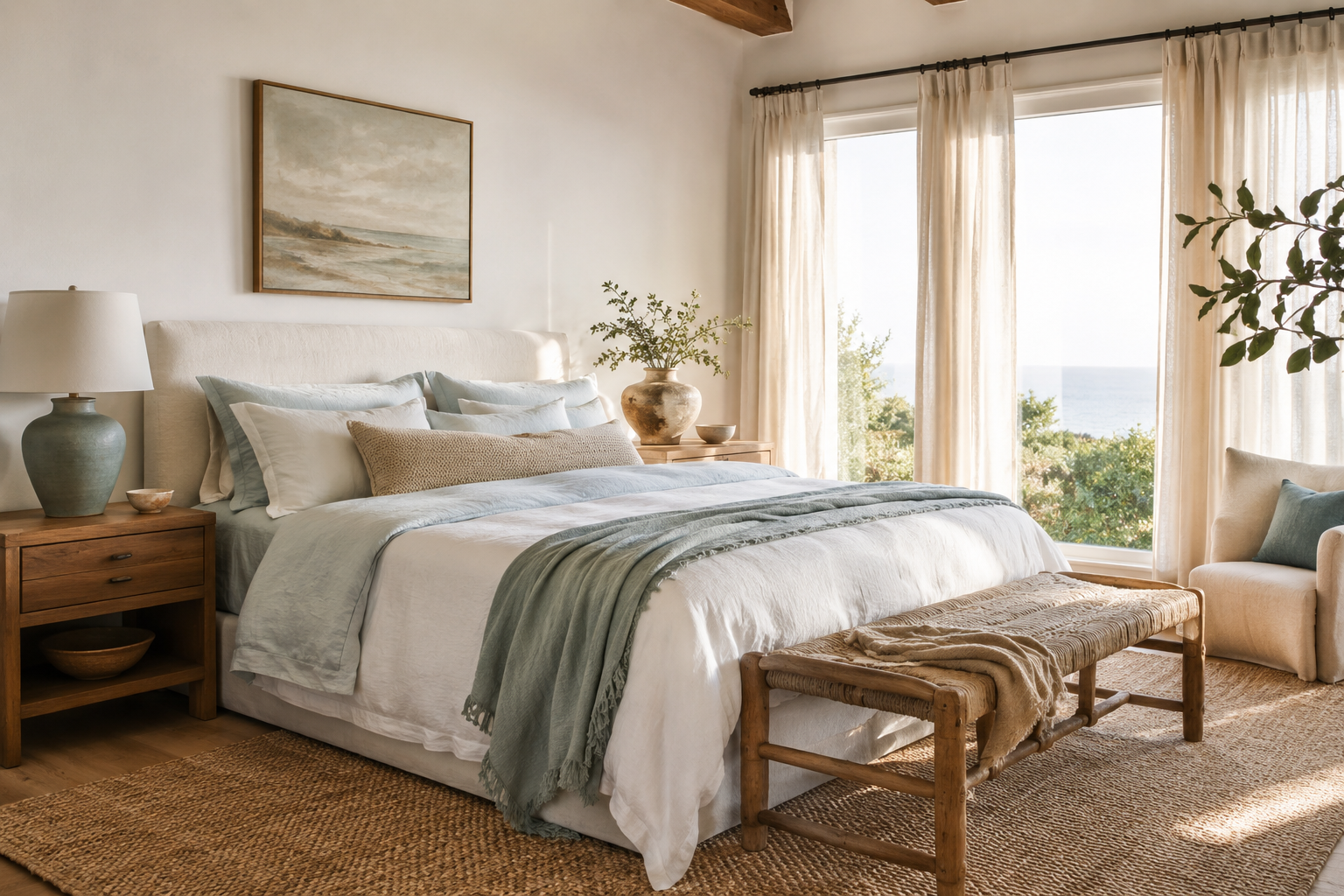 Elegant coastal bedroom with soft linen bedding, natural oak furniture, woven textures, and pale sea-glass blue accents.