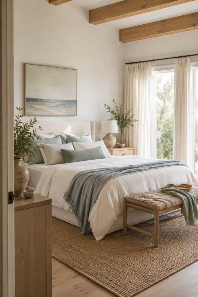 Coastal bedroom with warm white, sea-glass blue, misty gray, sage, sandy beige, and natural wood tones.