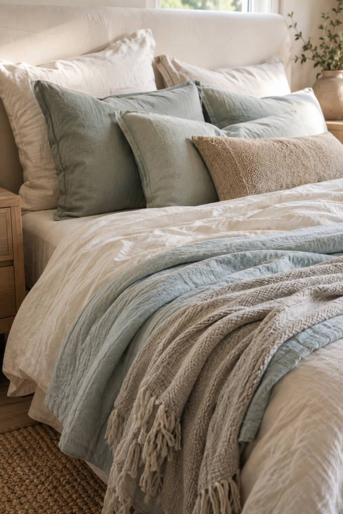 Relaxed coastal bedroom with layered white and oatmeal linen bedding, pale blue quilt, and textured natural throw.