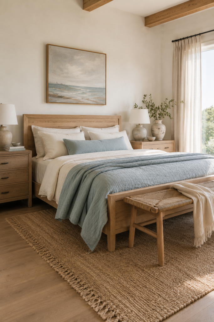 Coastal bedroom with a light oak bed, weathered wood nightstands, natural wood bench, and soft linen bedding.