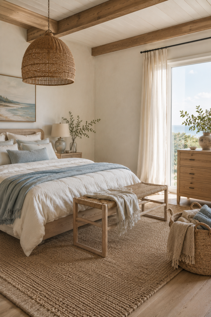 Warm coastal bedroom with a woven pendant light, natural fiber bench, textured rug, basket, and cream linen bedding.