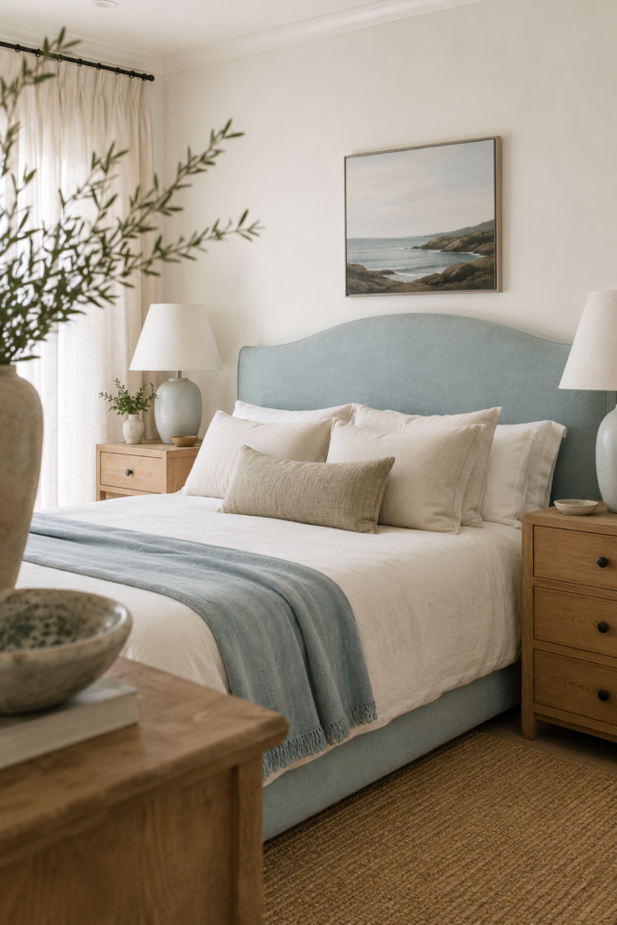 Elegant coastal bedroom with a muted sea-glass blue upholstered headboard, cream bedding, and natural oak furniture.