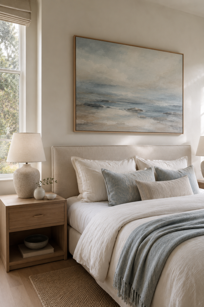 Sophisticated coastal bedroom with abstract ocean-inspired wall art in soft blue, gray, cream, and sandy neutral tones.