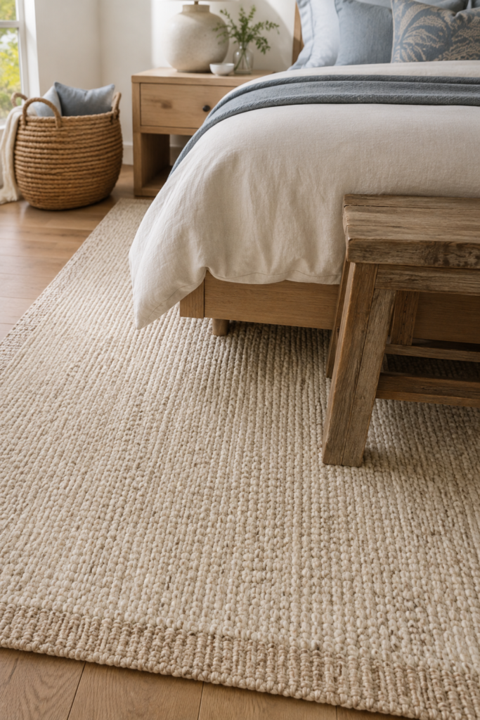 Light textured wool rug layered beneath a natural oak bed in a relaxed coastal bedroom.