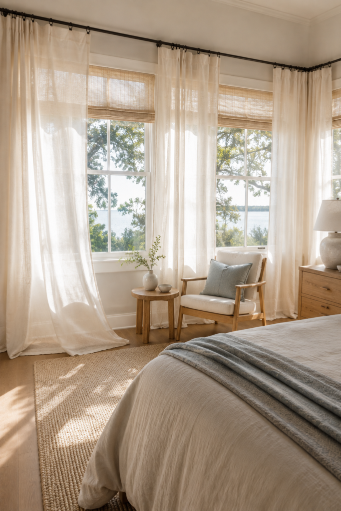 Bright coastal bedroom with flowing off-white linen curtains, woven shades, and soft natural light.