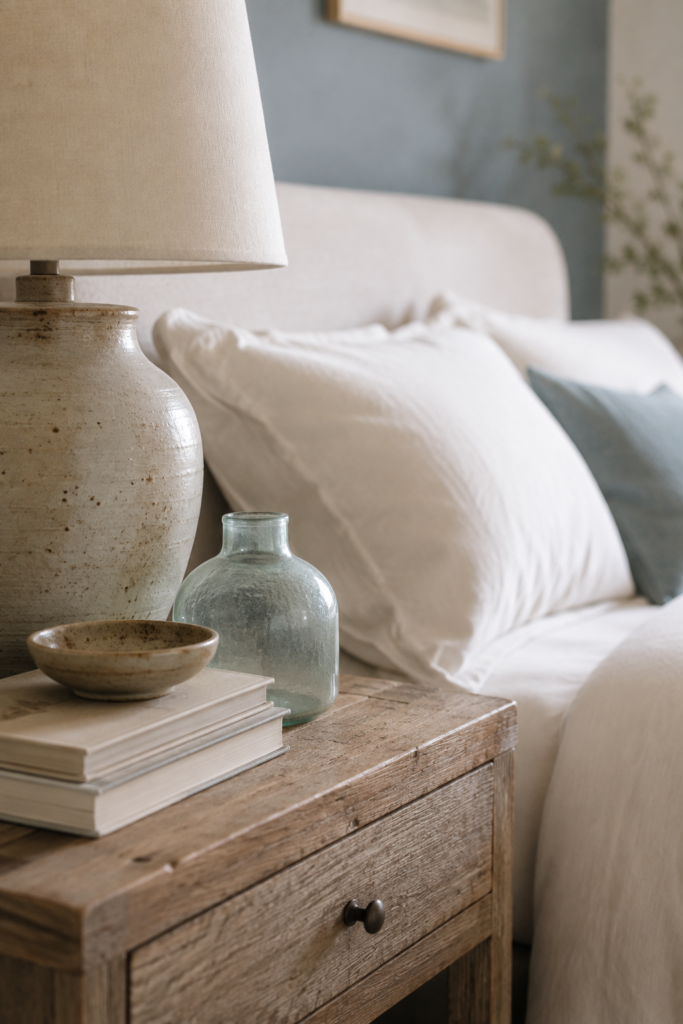Coastal bedroom nightstand styled with handmade ceramics, a sea-glass vessel, neutral books, and natural wood.