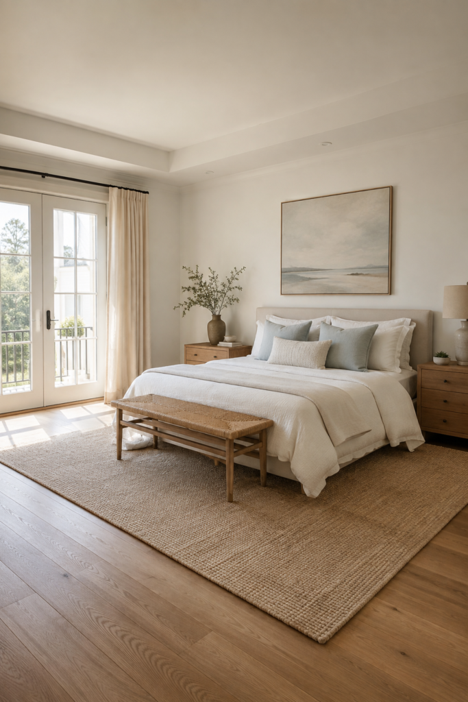 Calm uncluttered coastal bedroom with cream linen bedding, pale blue accents, natural oak furniture, and soft natural light.
