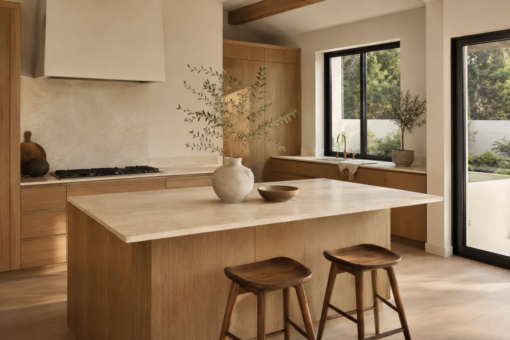 Warm minimalist kitchen with natural white oak cabinetry, a cream stone island, sculptural stools, and soft natural lighting.