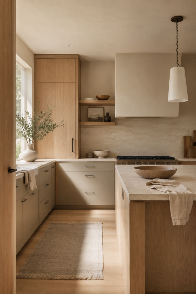 Warm minimalist kitchen using soft cream, greige, pale oak, and natural stone for a calm and inviting color palette.