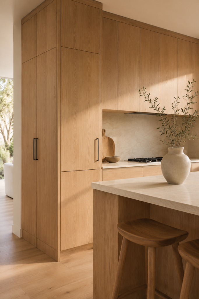 Warm minimalist kitchen with simple white oak cabinetry, cream stone surfaces, and clean modern lines.