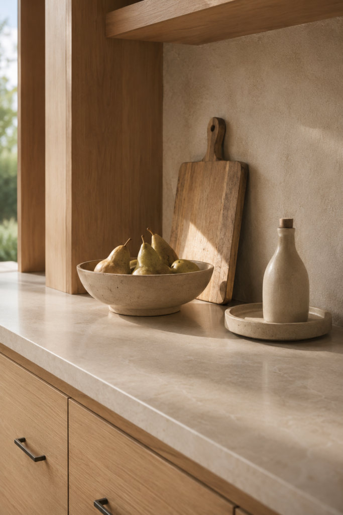 Clean warm minimalist kitchen countertop styled with a ceramic fruit bowl, wooden cutting board, and simple stone tray.