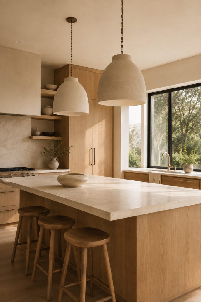 Warm minimalist kitchen with sculptural ceramic pendant lights above a natural oak island and simple wooden stools.