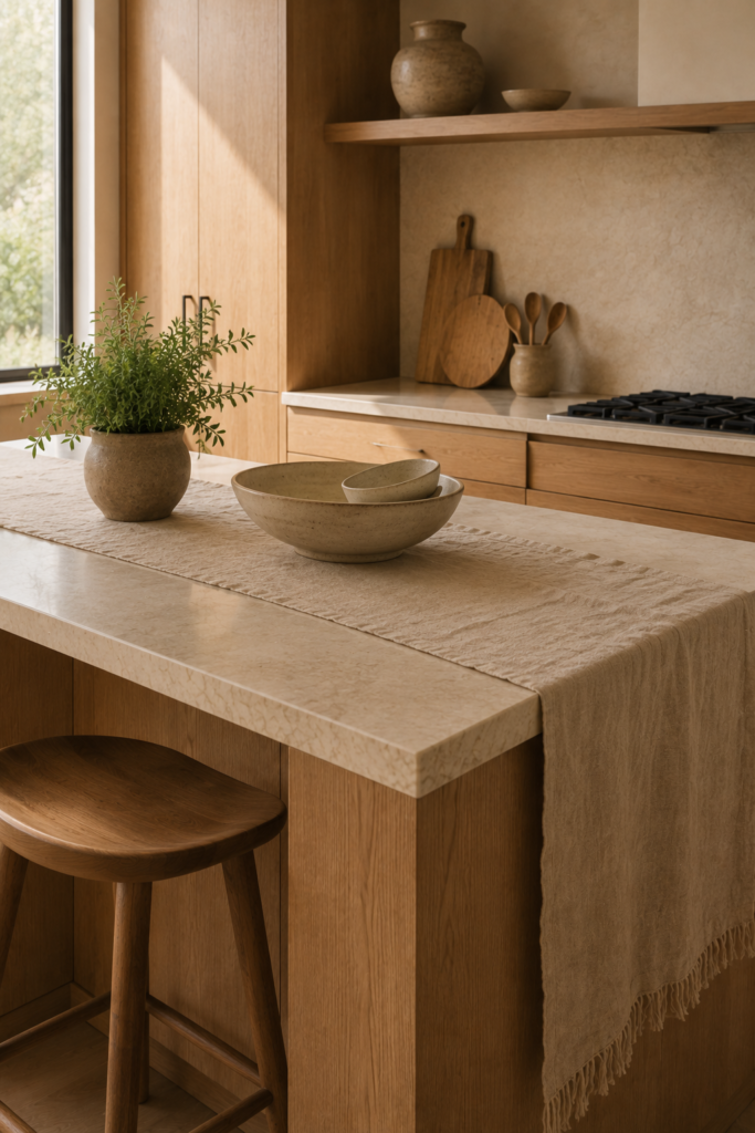 Warm minimalist kitchen combining oak wood, natural stone, handmade ceramics, linen, and textured plaster.